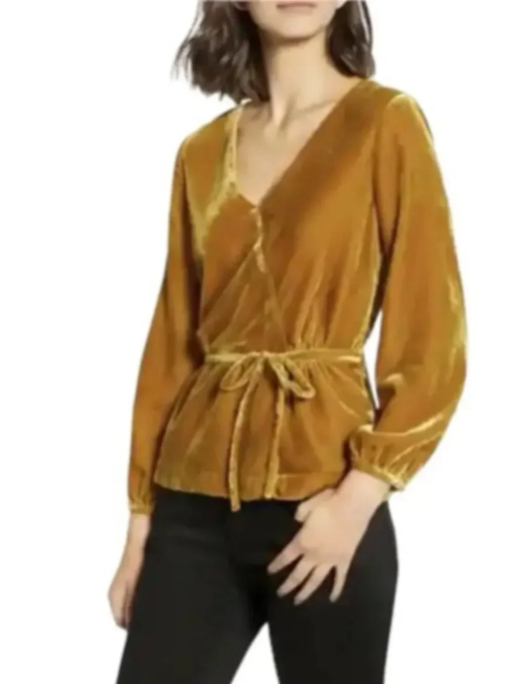 J. Crew Faux Wrap Shirt Top Blouse Mustard Yellow Velvet Long Sleeve Size 8 NWT